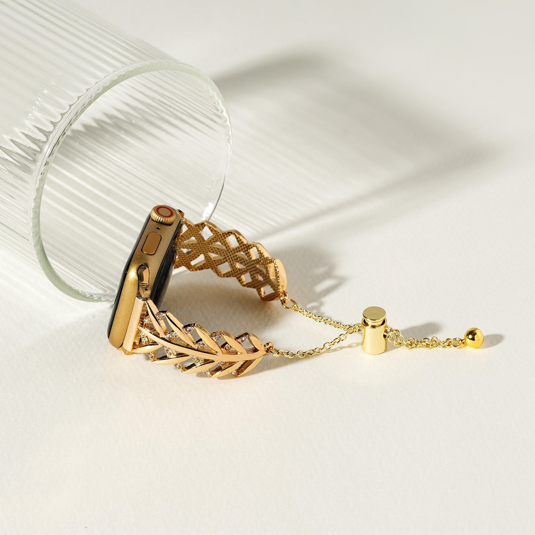 Leaf Rhinestone-Studded Metal Watch Band