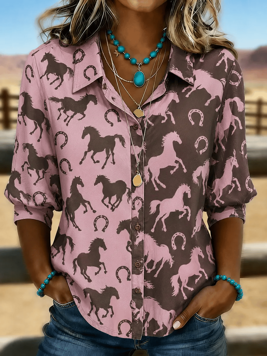 Women's Vintage-Style Western Shirt with Contrast Horse Print and Mid-Length Sleeves
