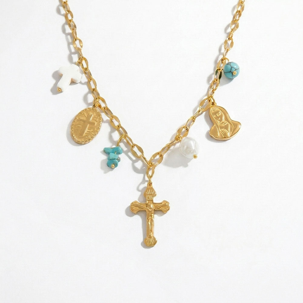Christian Multi-Charm Faith Layered Stainless Steel Necklace