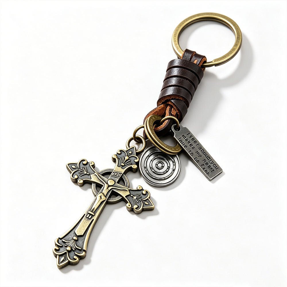 Vintage Cross Leather Christian Keychain
