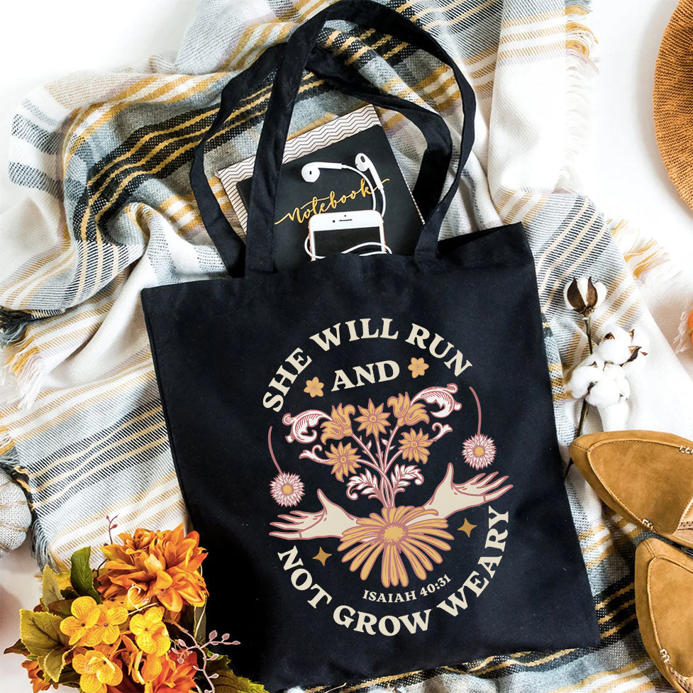 She Will Run And Not Grow Weary Christian Canvas Tote Bag