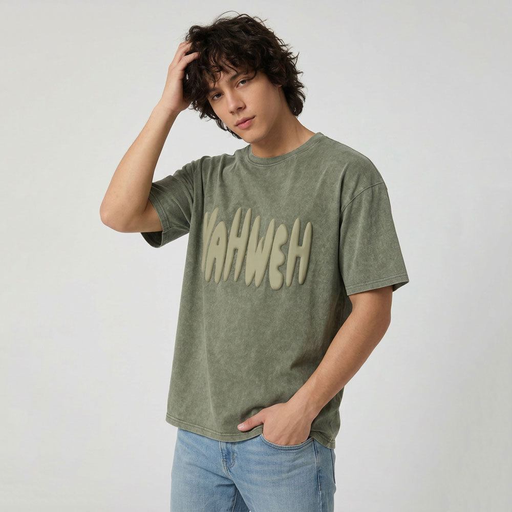 YAHWEH Christian Puff Printed Washed T-Shirt