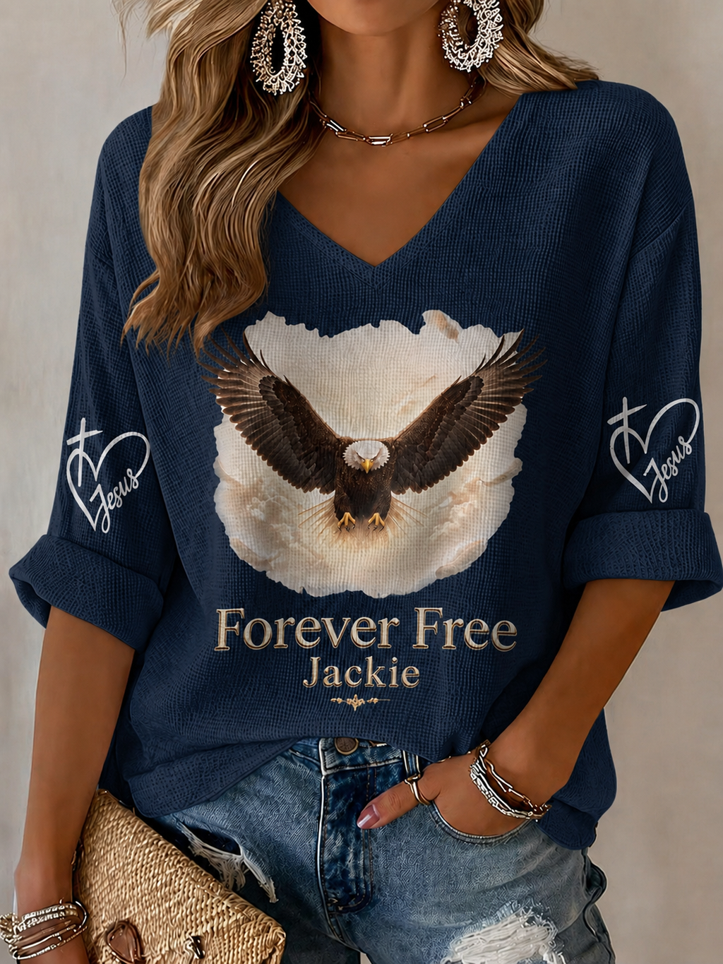 V-Neck Retro Forever Free Jackie Print T-Shirt