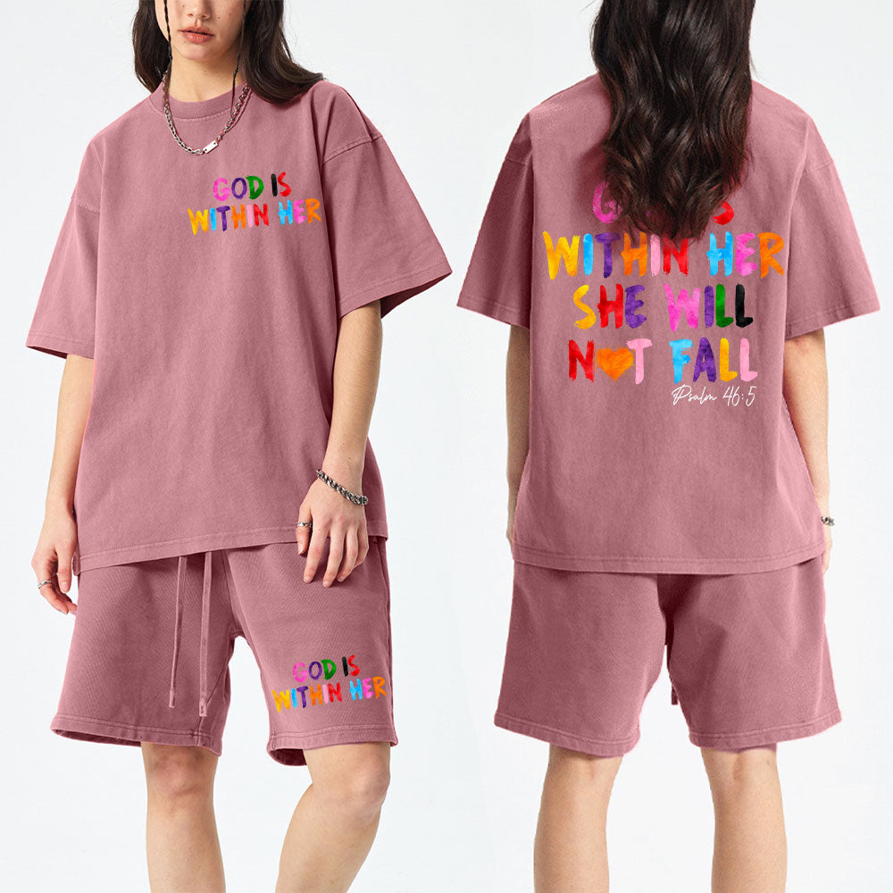 God Is Within Her She Will Not Fall Christian Washed T-Shirt & Shorts
