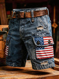Men'S Independence Day USA Flag Print Denim-Like Cargo Shorts