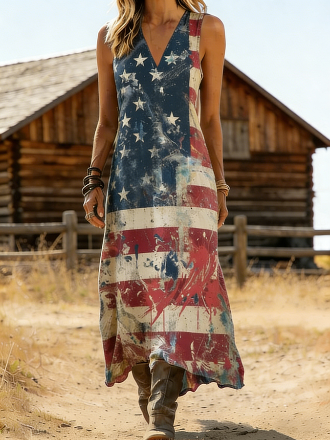 Women's Distressed American Flag Print V-Neck Sleeveless Maxi Dress