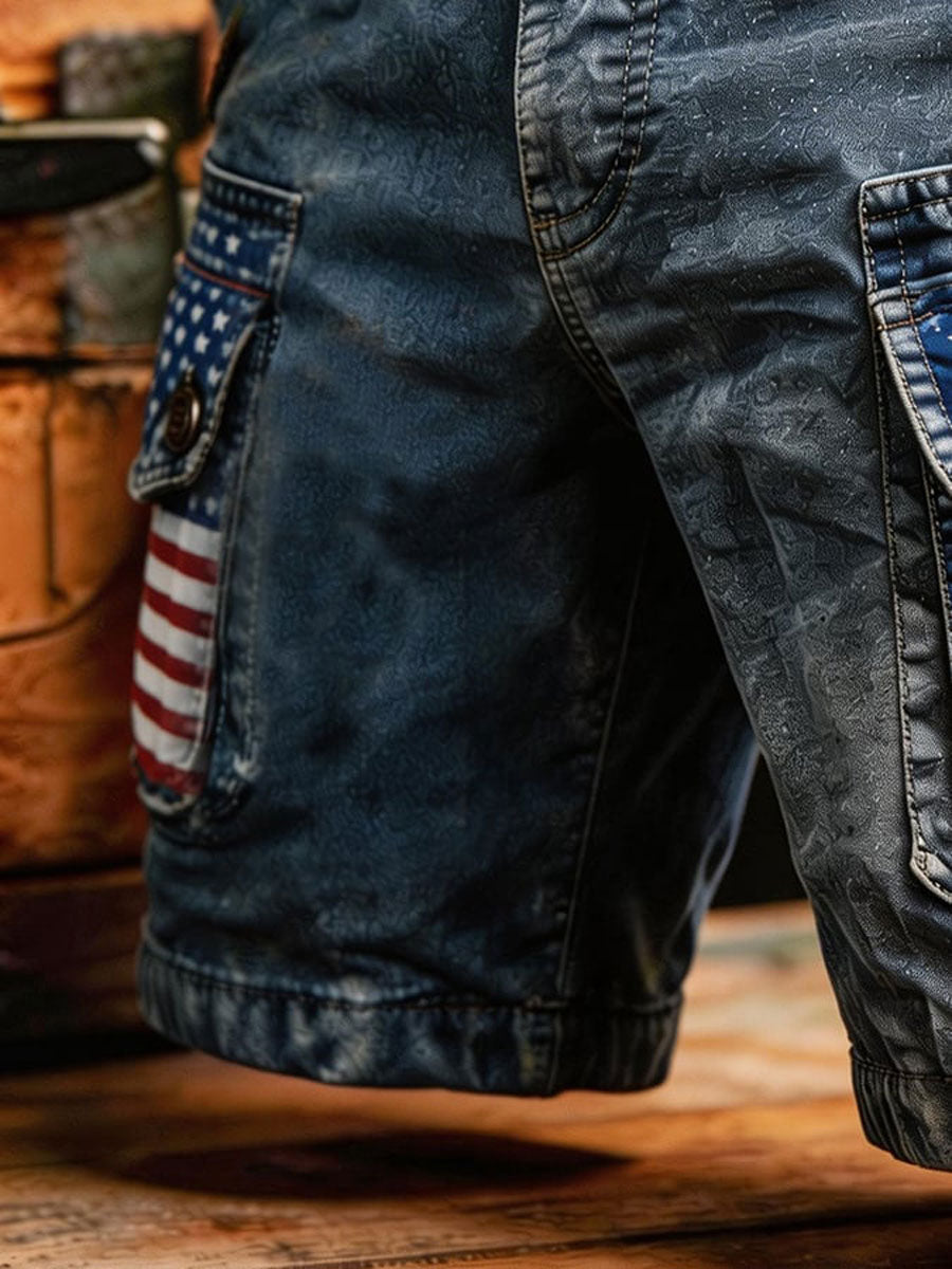 Men'S Independence Day USA Flag Print Denim-Like Cargo Shorts