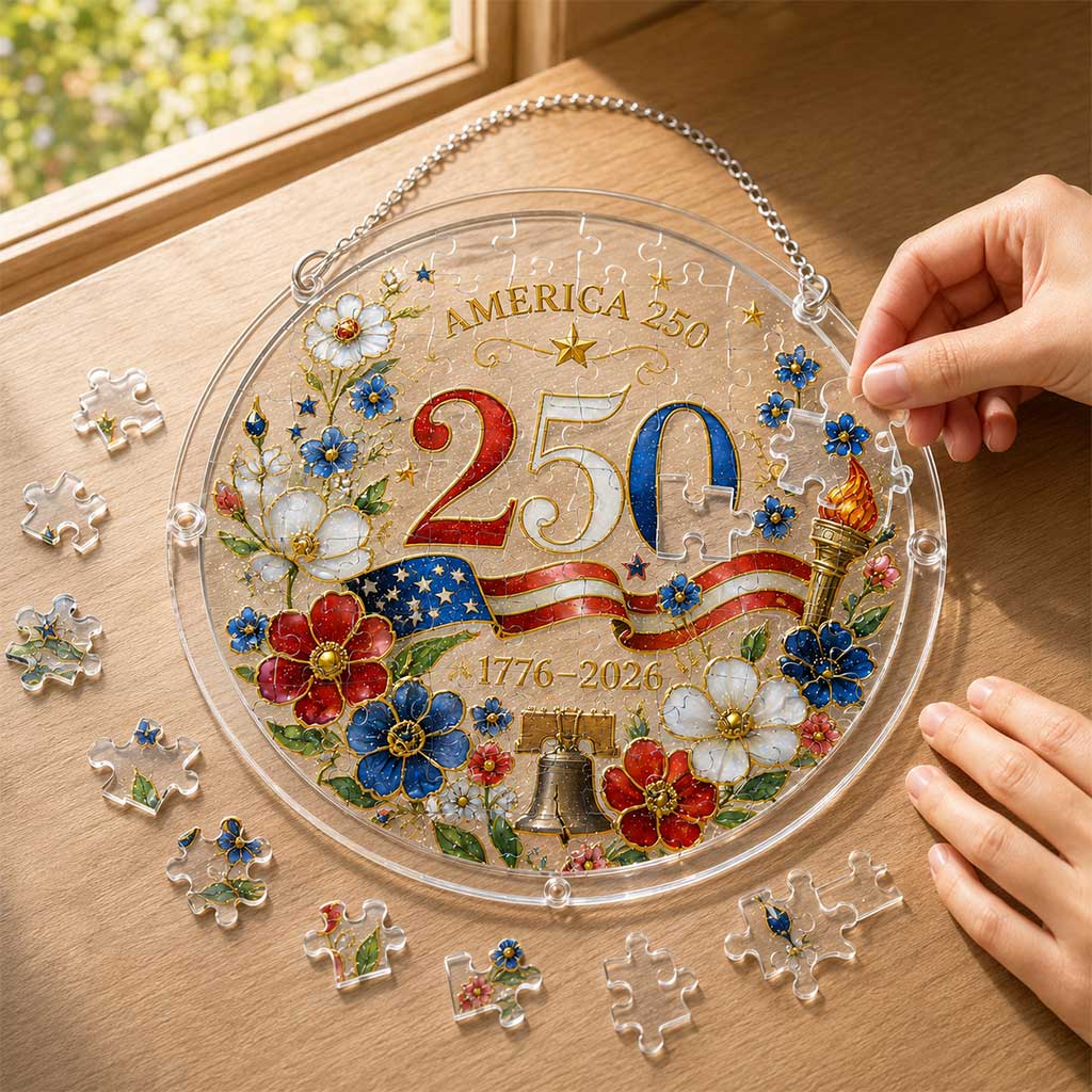 America 250 Acrylic Puzzle Hanging Ornament â€?1776â€?026 Patriotic Window Suncatcher with Floral Flag, Liberty Bell & Torch Design