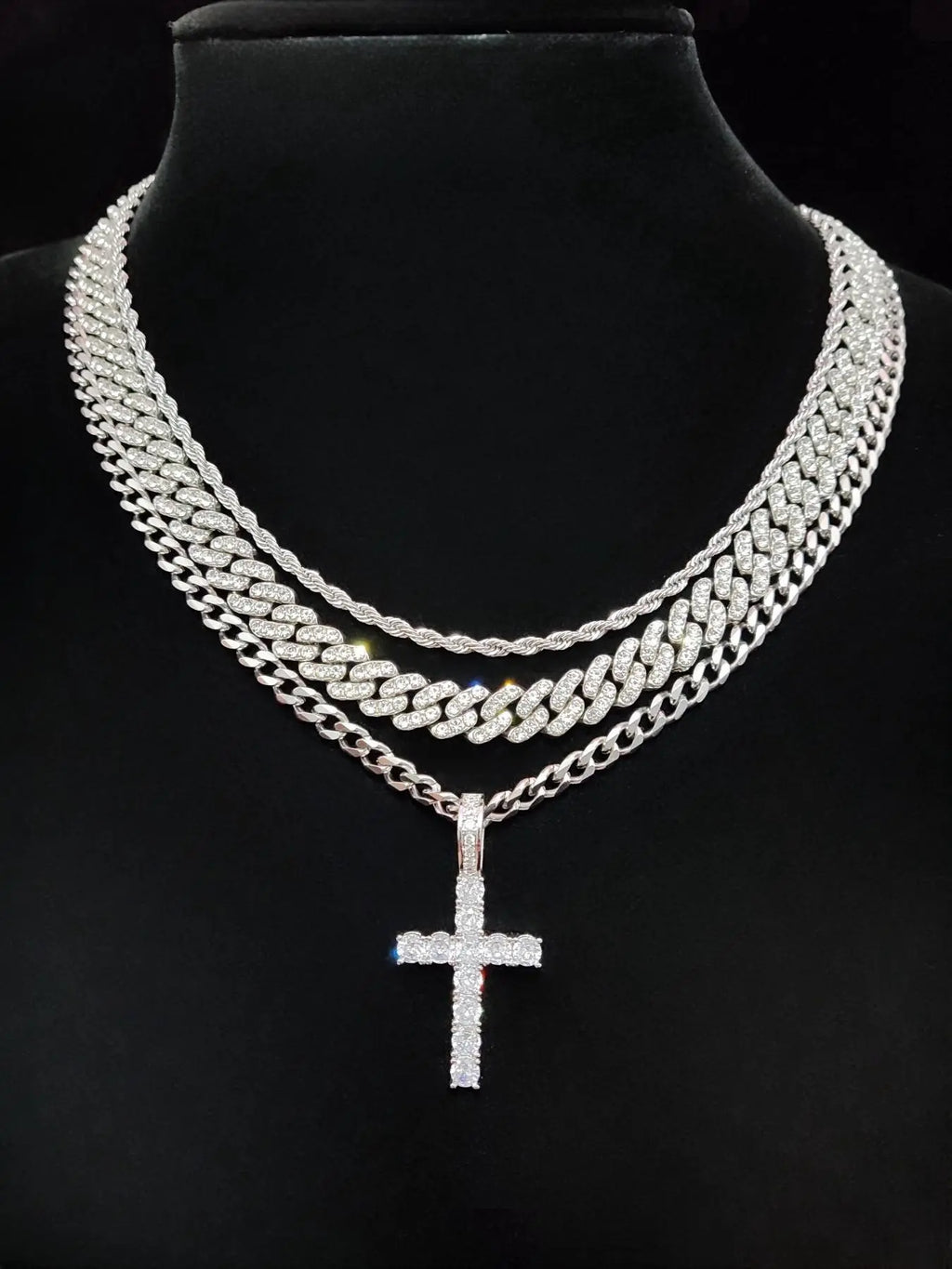 Zircon Inlaid Cross Pendant & Cuban Chain Necklace