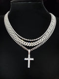 Zircon Inlaid Cross Pendant & Cuban Chain Necklace