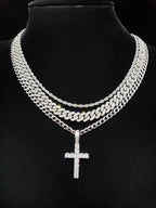 Zircon Inlaid Cross Pendant & Cuban Chain Necklace