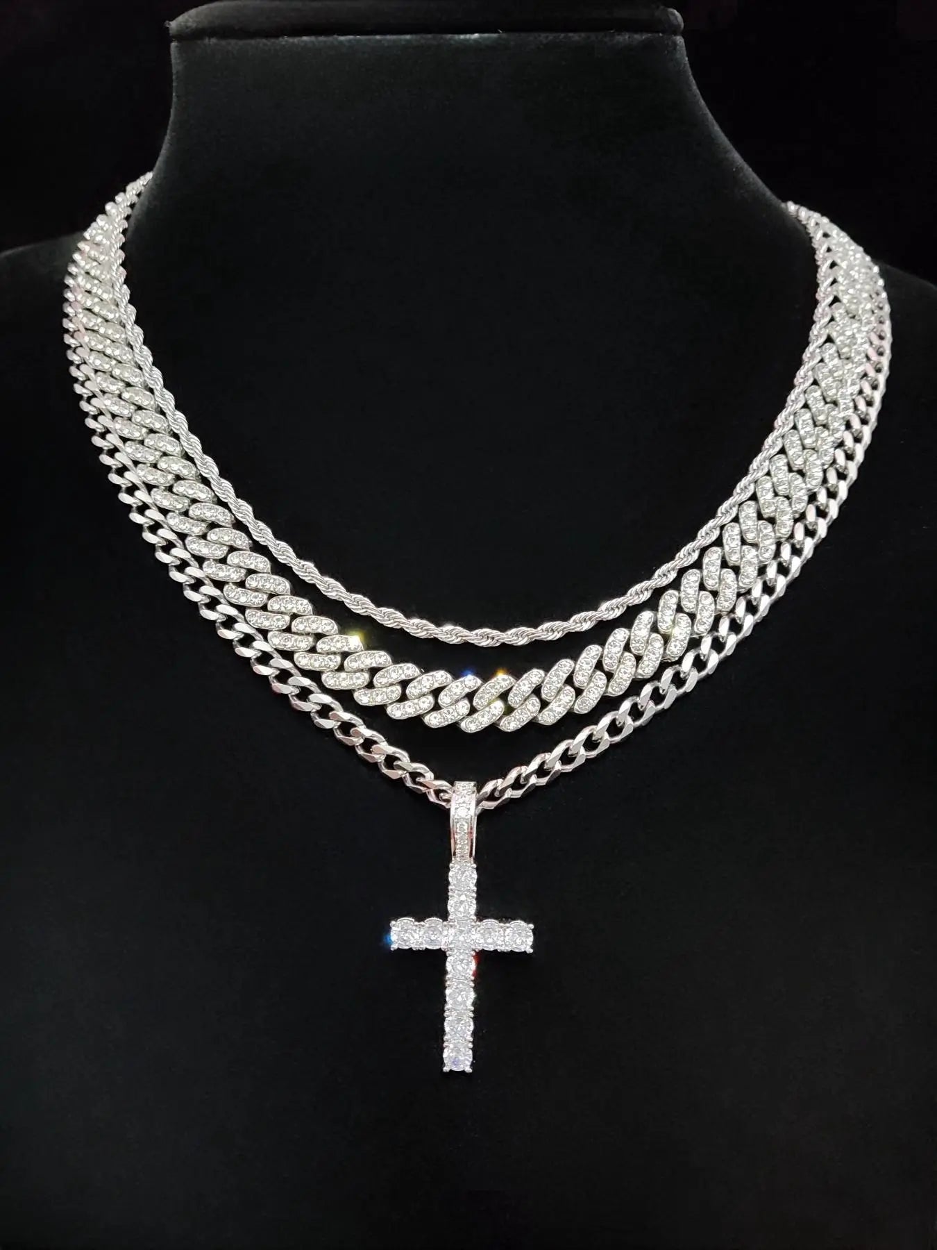 Zircon Inlaid Cross Pendant & Cuban Chain Necklace