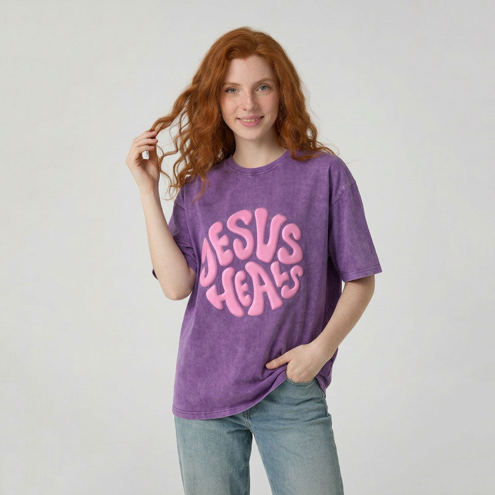 Jesus Heals Christian Puff Printed Washed T-Shirt
