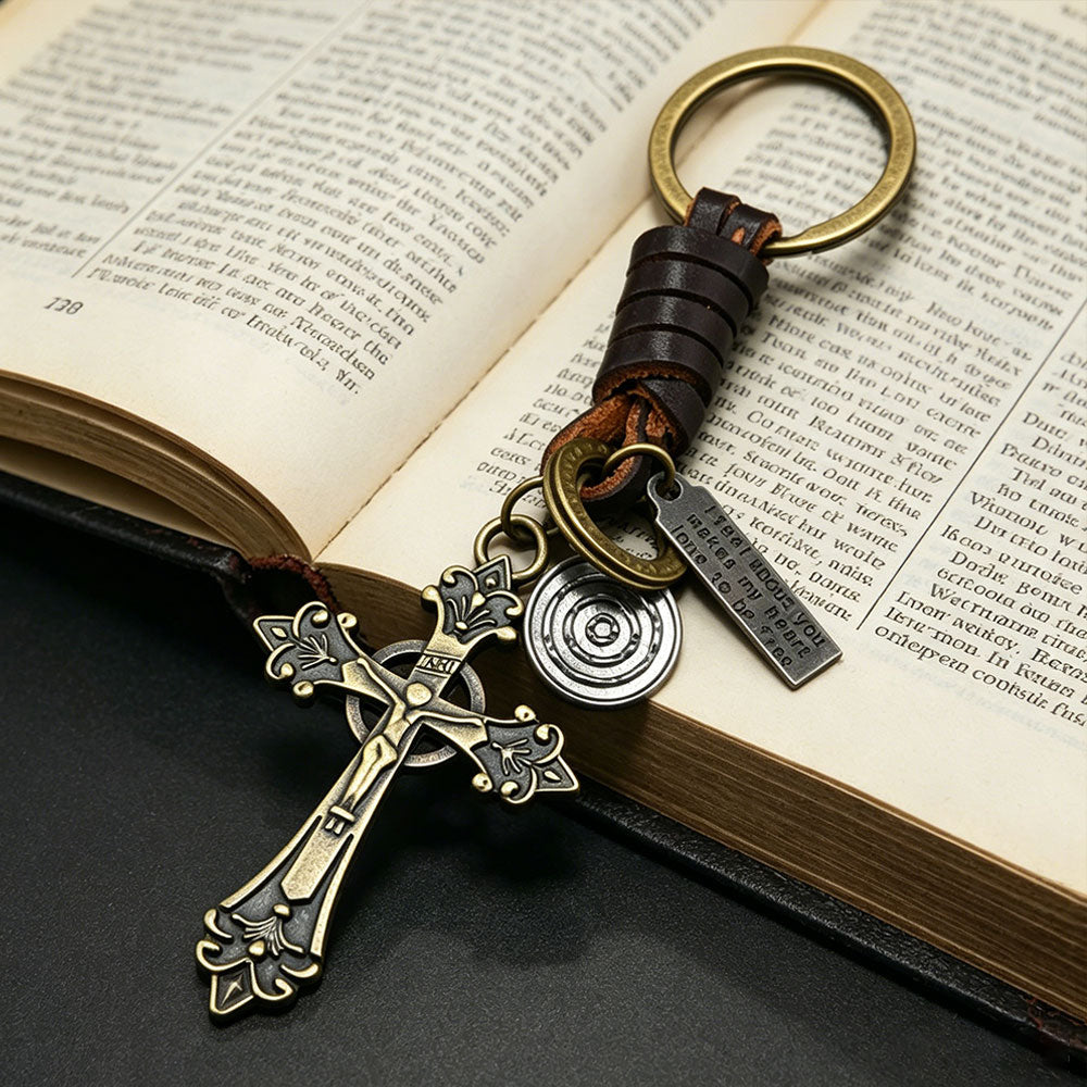 Vintage Cross Leather Christian Keychain