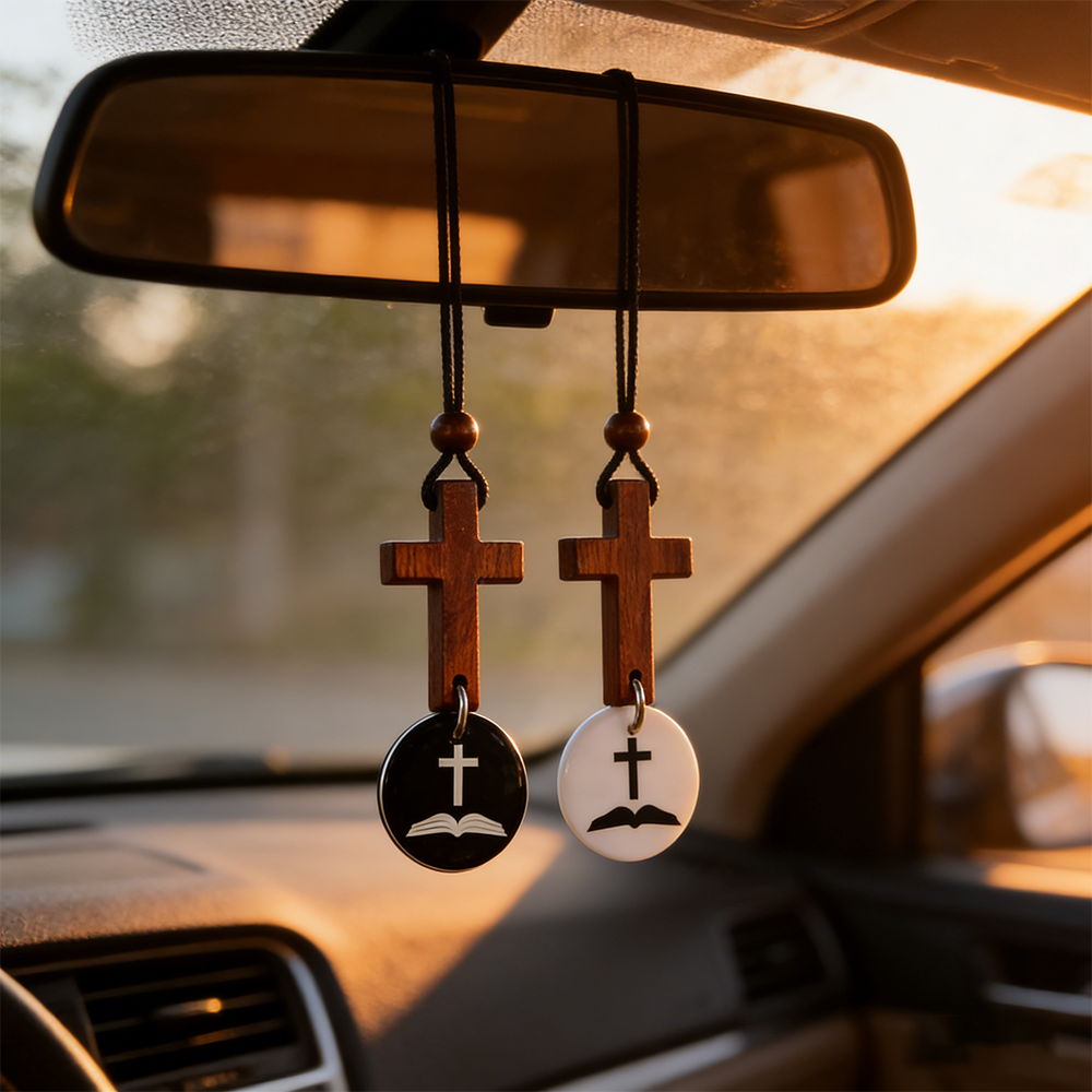 Christian Wooden Cross NFC Car Hanging Pendant with Bible Verses