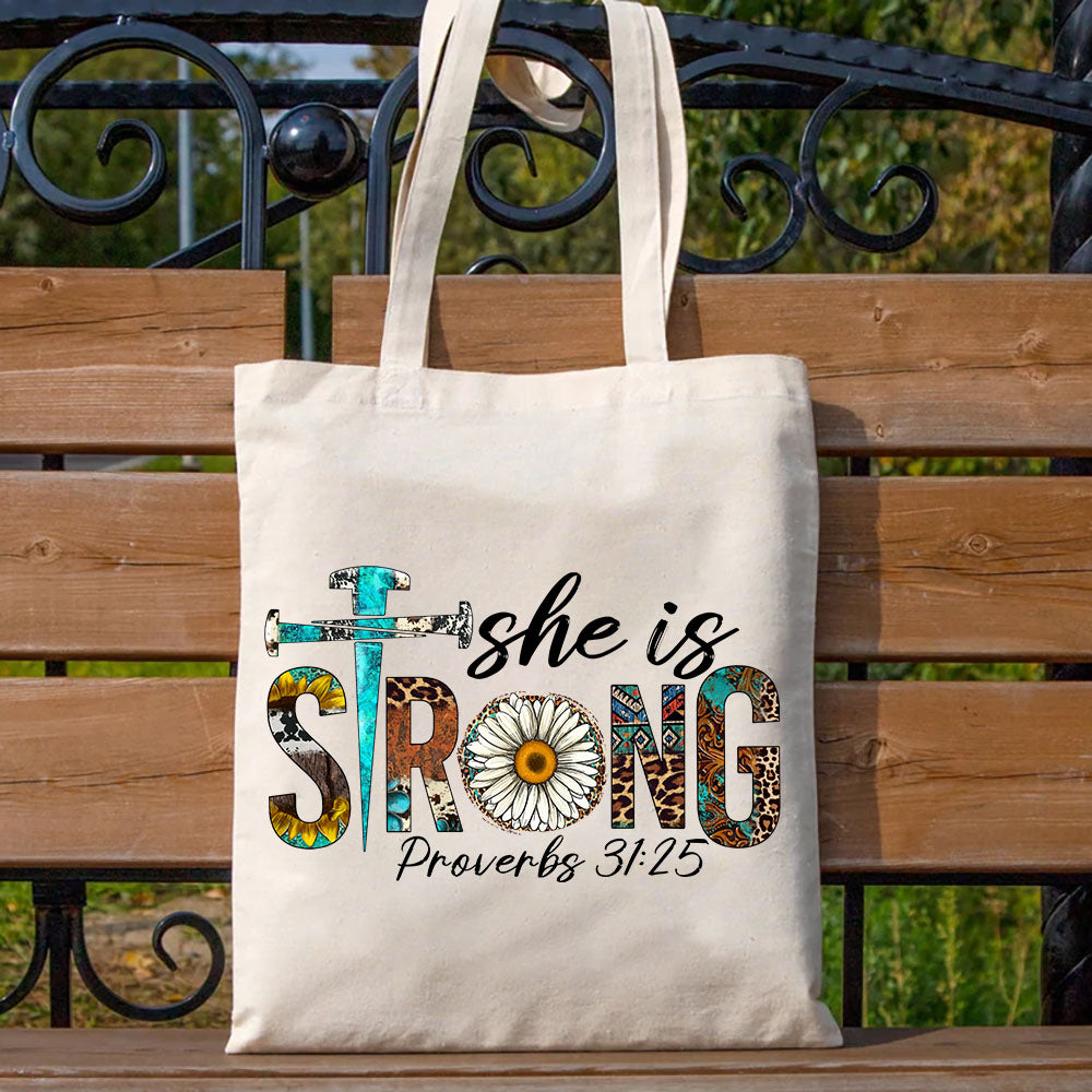 She Is Strong Leopard Daisy Design Canvas Tote Bag