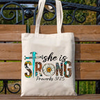 She Is Strong Leopard Daisy Design Canvas Tote Bag