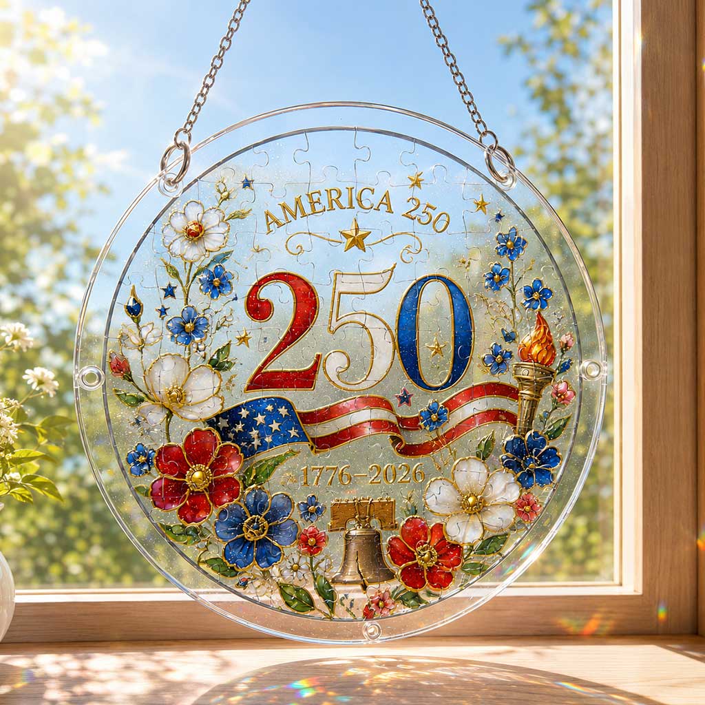 America 250 Acrylic Puzzle Hanging Ornament â€?1776â€?026 Patriotic Window Suncatcher with Floral Flag, Liberty Bell & Torch Design