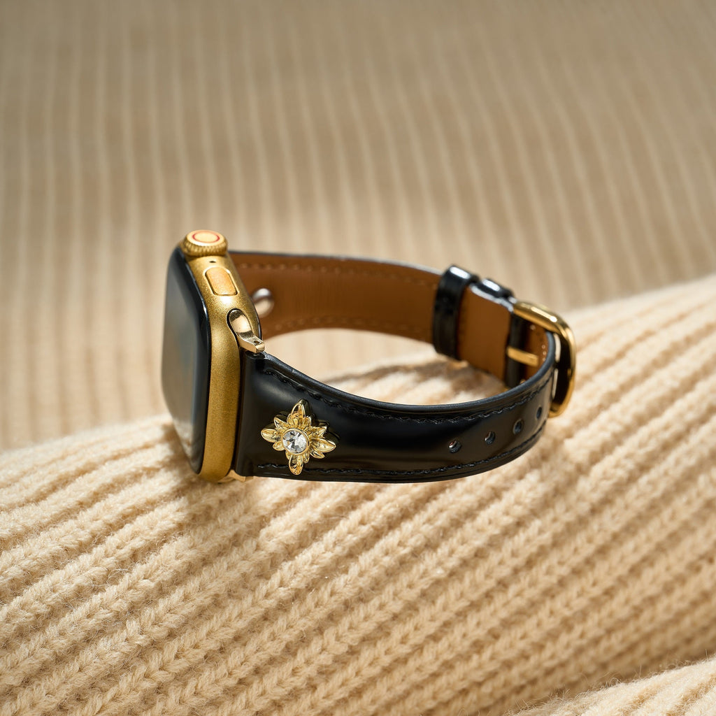 14k Gold / Platinum Plated Floral Accent Leather Watch Band