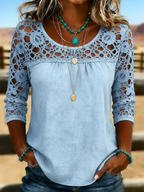 Women's Solid Color Casual Loose Lace Denim Shirt