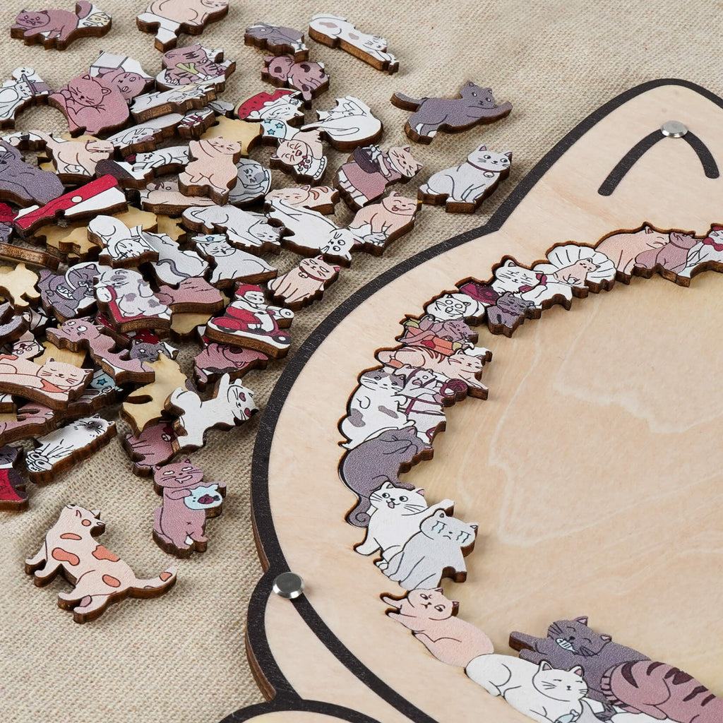 Morandi-Colored Cozy Cat Shaped Wooden Jigsaw Puzzle