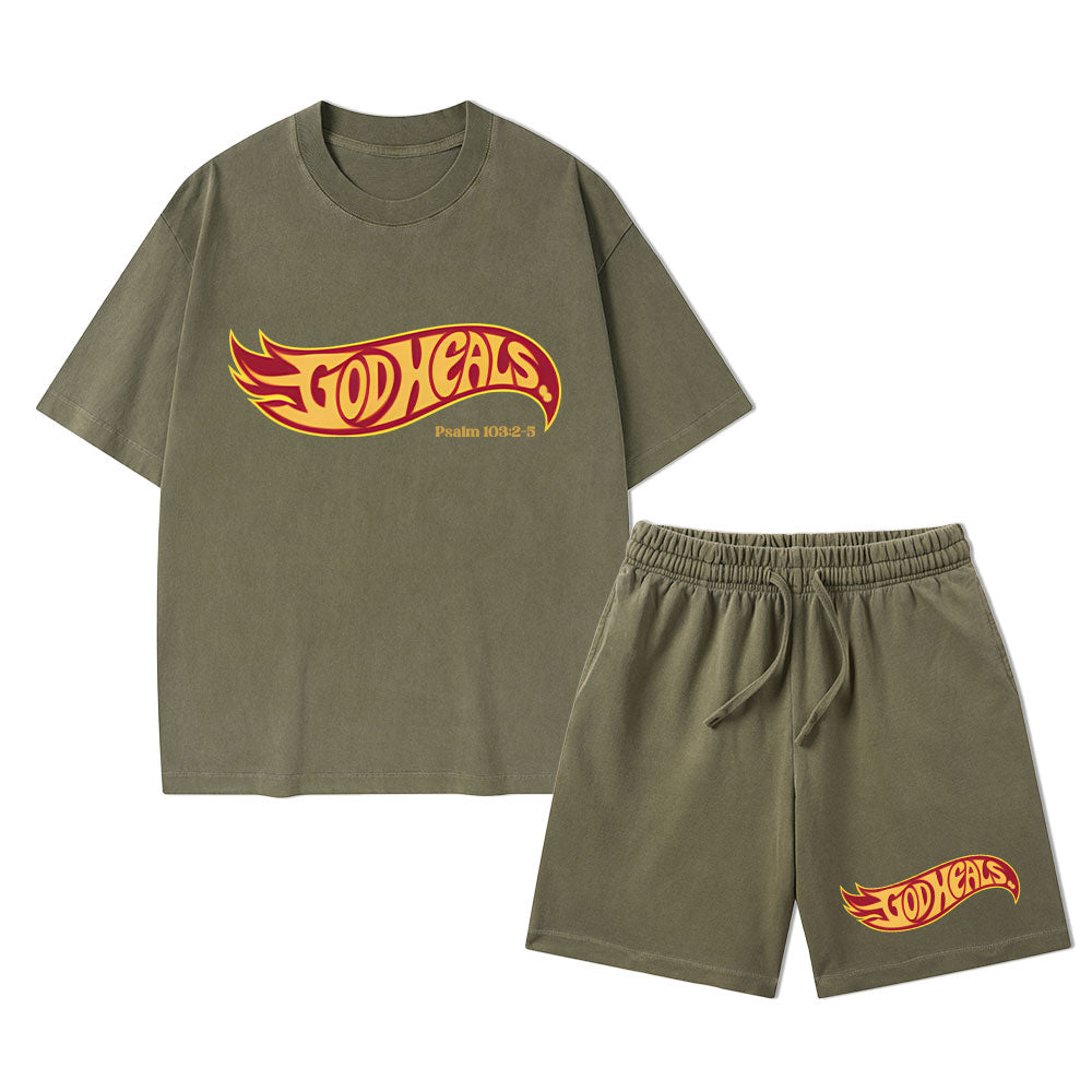 God Heals Christian Washed T-Shirt & Shorts