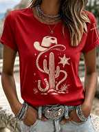 Women's Retro Cowboy Hat Cactus Star Lasso Cross Sleeve Print Tee