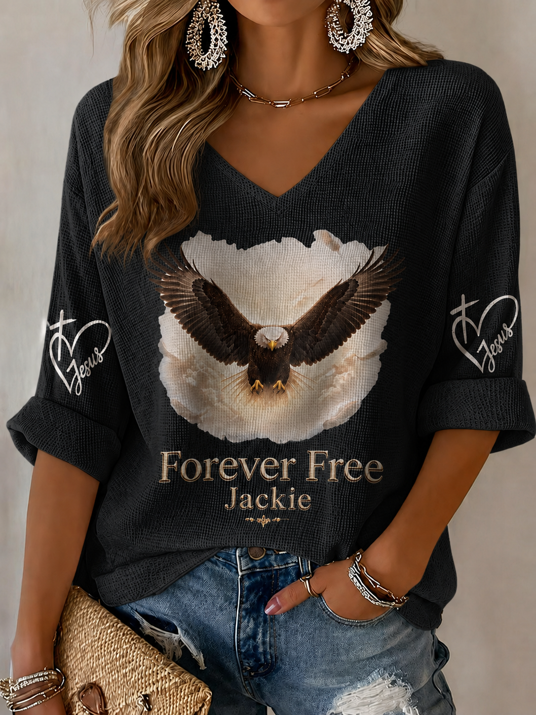 V-Neck Retro Forever Free Jackie Print T-Shirt