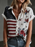 Women's American Flag Butterfly Rose Cross Embroidered Short Sleeve Shirt