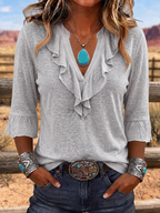 Women'S Casual Western Style V-Neck Ruffled Cotton And Linen Top