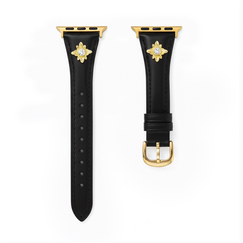 14k Gold / Platinum Plated Floral Accent Leather Watch Band