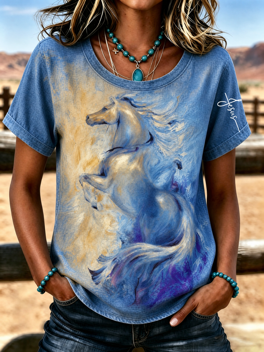 Women's Western Style Animal Cross Round Neck T-Shirt
