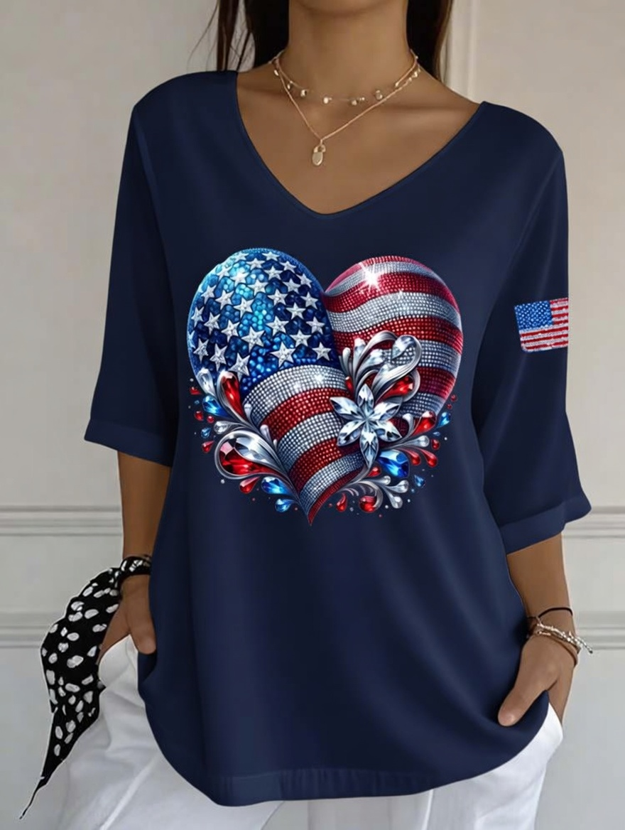 Women'S Casual American Flag Independence Day Print V-Neck Half Sleeved T-Shirt