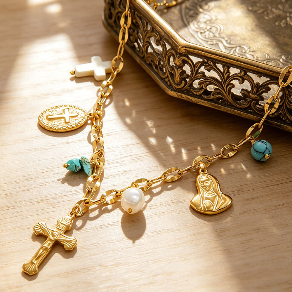 Christian Multi-Charm Faith Layered Stainless Steel Necklace