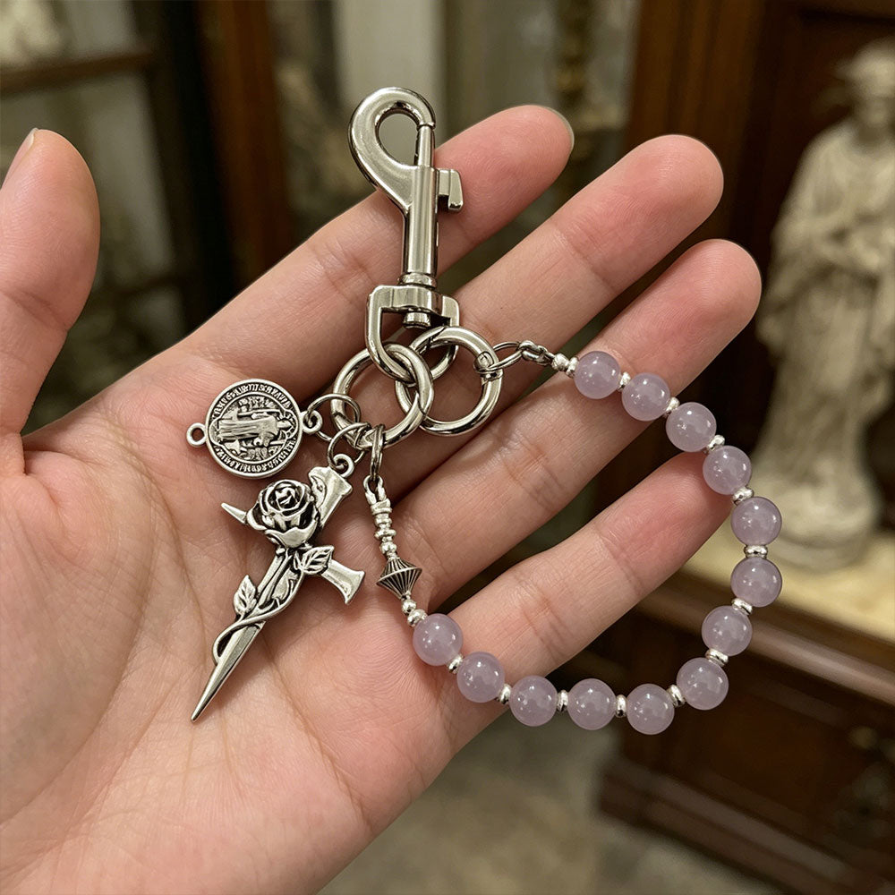 Christian Imitation Jade Resin Bead Rose Cross Waist Pendant