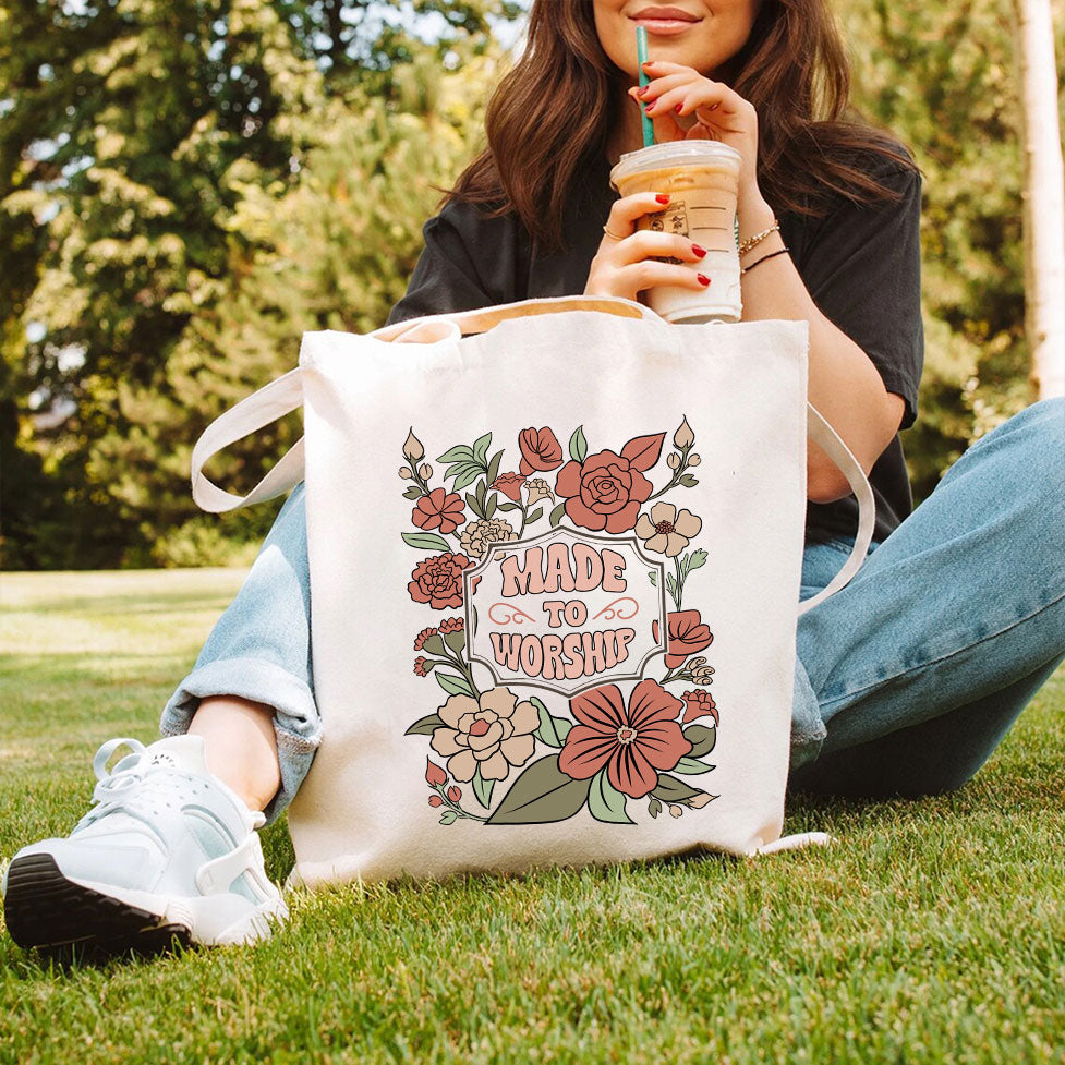 Made To Worship Retro Floral Christian Canvas Tote Bag