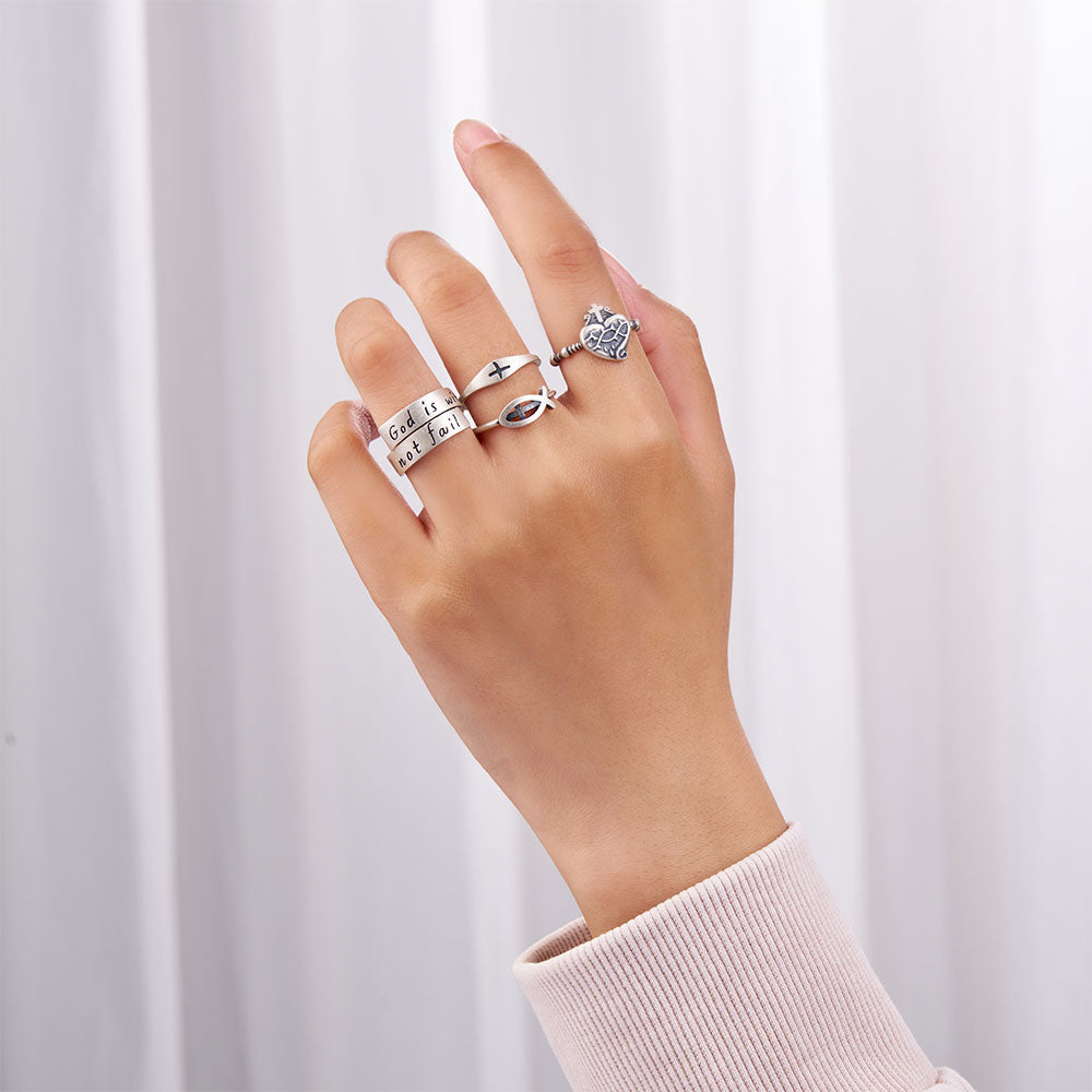 Double Cross Sacred Heart Rosary Christian 925 Sterling Silver Ring