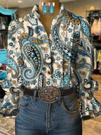 Women's Casual Western Puff Sleeve Patterned Shirt