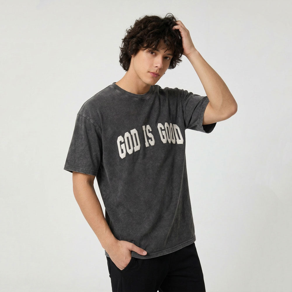 God Is Good Christian Puff Printed Washed T-Shirt
