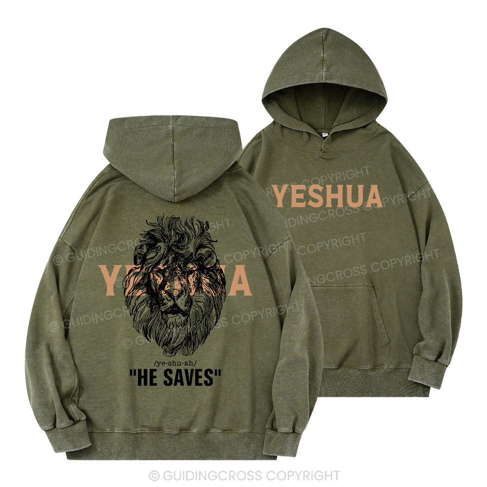 Yeshua He Saves Lion Christian Washed Hoodie