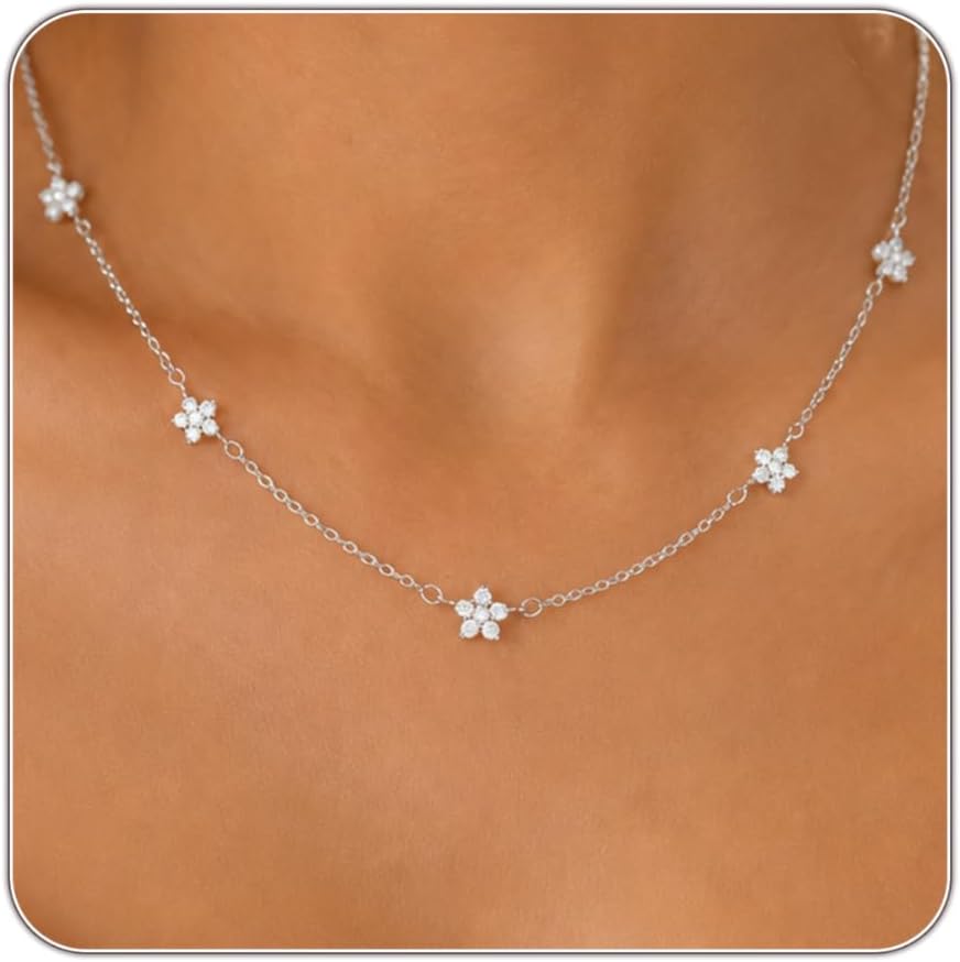 Dainty Silver Gold Necklaces for Women Cute Station Choker Simulated Diamond Necklace Simple Layering CZ Necklace Trendy Jewelry Gifts