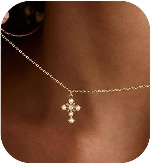 Cross Necklace for Women,Double Cross Necklace 14K Gold Plated Cross Pendant Necklace Dainty Gold Cross Necklaces for Women Trendy Small Cross Charm Necklace Simple Cute Choker Necklaces Gold Jewery