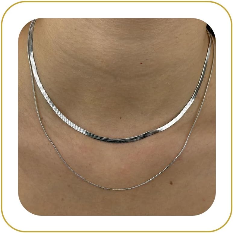 Tewiky Layered Necklaces for Women Non Tarnish- Chunky 14k Gold Plated Herringbone/Snake/Rope/Box/Cuban Link Chain for Women Waterproof Layering Stack Choker Necklace Trendy Dainty Tarnish Free Jewelry Set