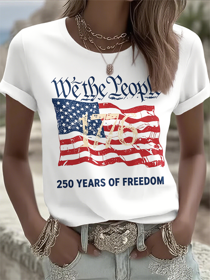 Ladies' Casual American 1776-2026 Anniversary Celebration Print Round Neck T-Shirt
