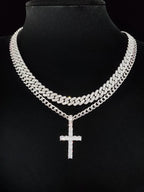 Zircon Inlaid Cross Pendant & Cuban Chain Necklace
