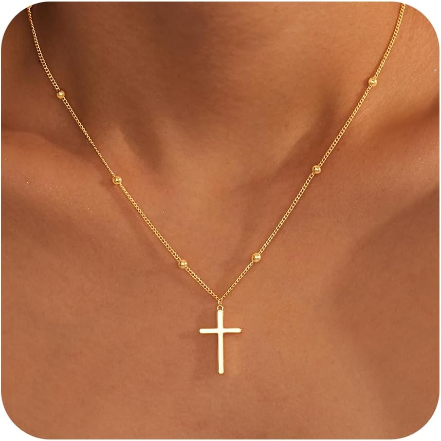 Poxtex Cross Necklace for Women Teen Girls, Dainty 14K Gold Silver Plated Cross Choker Jewelry Non Tarnish Waterproof Cute Simple Small Necklace Christian Baptism Religious Faith Jewelry Gifts
