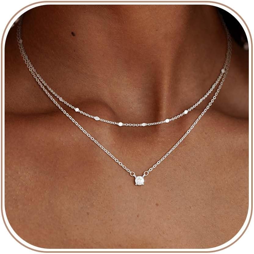 Layered Gold Necklaces for Women, 14K Plated Gold Sterling Silver Plated Dainty Pendant Necklace Set with Cubic Zirconia,Stackable Chain Choker,Trendy Personalized Jewelry Gift Non Tarnish