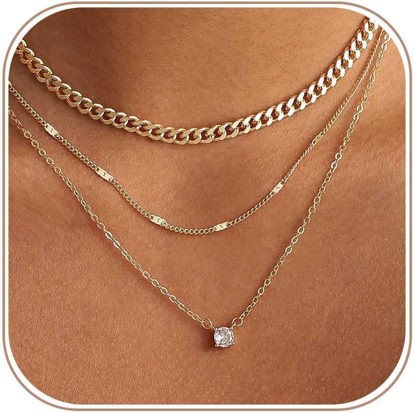 Layered Gold Necklaces for Women, 14K Plated Gold Sterling Silver Plated Dainty Pendant Necklace Set with Cubic Zirconia,Stackable Chain Choker,Trendy Personalized Jewelry Gift Non Tarnish