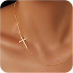 Poxtex Cross Necklace for Women Teen Girls, Dainty 14K Gold Silver Plated Cross Choker Jewelry Non Tarnish Waterproof Cute Simple Small Necklace Christian Baptism Religious Faith Jewelry Gifts