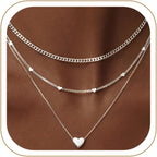 WomenGifts Layered Gold Necklaces for Women, 14K Gold Sterling Silver Plated Dainty Pendant Necklace Set Non Tarnish, Chunky Stackable Cuban Chain Choker, Trendy Birthstone Vacation Jewelry Gift